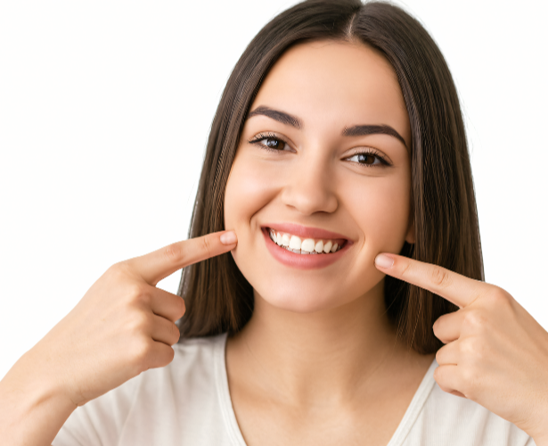 Young woman pointing to her healthy teeth and smile